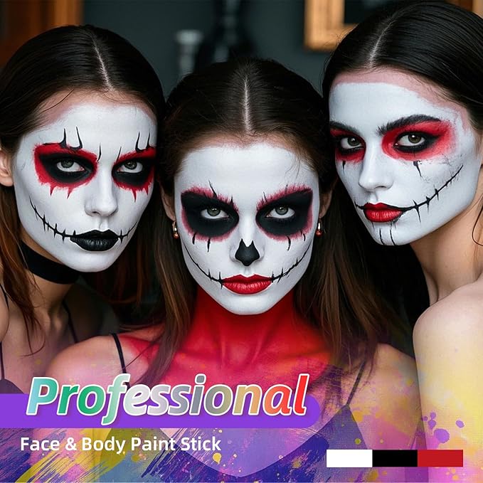3Pcs Face Body Paint, Professional Paint for Halloween Cosplay Costume Party, Full-coverage Multi-Color Cream Makeup Body Paint for Adult Halloween Cosplay SFX Makeup Paint (White+Black+Red)
