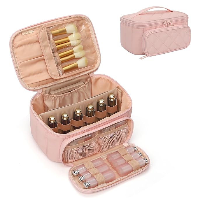 OCHEAL Makeup Bag, Multifunctional Make Up Bags Large Compact Makeup Bag Organizer Cosmetics Toiletry Brushes Storage Case for Women Girls Makeup Case with Handle Divider-Pink Large