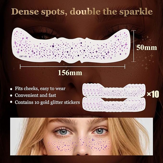 10 Pcs Glitter Freckles Face Tattoo, Face Glitter Makeup Patches, Waterproof Sparkle Freckles Tattoo Fairy Makeup Accessories For Women (Purple)