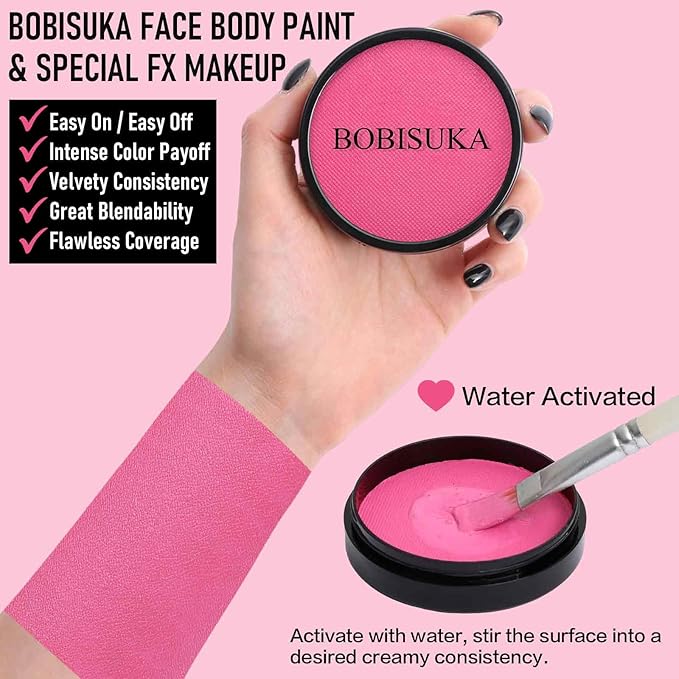 BOBISUKA Pink Face Body Paint, Water-Based Face Painting Kit & Body Paints, Kids Adults Facepaint for Halloween Unicorn Panther Doll & Sugar Skull Makeup, Costume Cosplay Party Theater & Stage