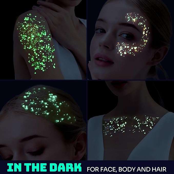Teenitor 6 Colors Body Glitter Face Glitter, Glow in The Dark Glitter Gel, Glow in The Dark Face Paint for UV Black Light Concerts Party Rave Accessories