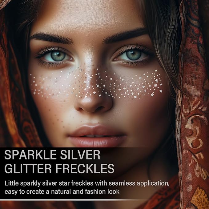 20 Pcs Silver Glitter Freckles Face Tattoos, Silver Glitter Freckles Makeup Patches, Waterproof Sparkle Freckles, Glitter Freckles Temporary Face Tattoos for Women