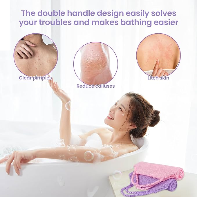 3 Pcs Double-Sided Back Exfoliator Body Scrub Towel, Exfoliating Back Scrubber with Handles,Exfoliating Washcloth Bath Tool in Shower, Stretchable Back Washer to Deep Cleans Skin (Beige,Pink,Purple)