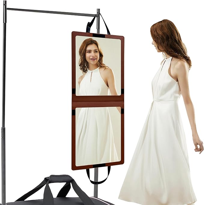 33“ x 13” Foldable Travel Mirror, Hanging Shatterproof Full Length Mirror for Makeup, Camping, RV Travel, Dorm Room, Portable Dance Practice Mirrors - Brown