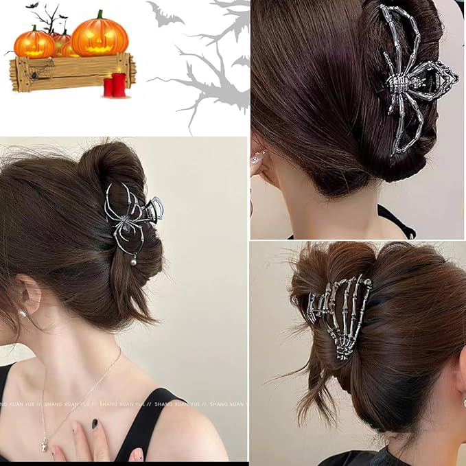 3 Pieces Large Metal Spider Net Hand Hair Claw Clips for Women and Girls Thick Long Hair, Nonslip Skeleton Spooky Barrette Headband Hair Styling Accessories for Halloween Christmas Gifts