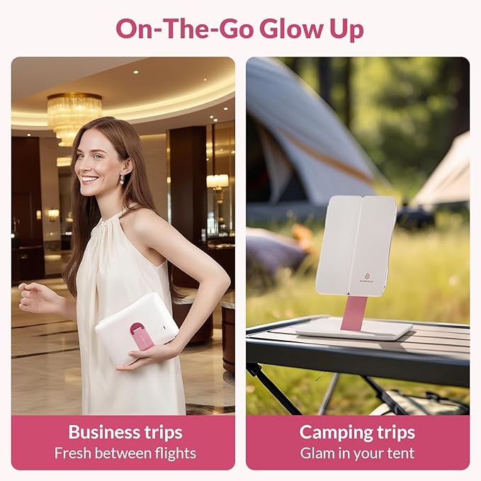 EASEHOLD Foldable Tri-Fold Lighted Makeup Vanity Mirror with 60 LED Lights, 1X/2X/3X Magnification, Touch Control Dimming, 3000mah Rechargeable, 360° Rotation, Portable Travel Folding Compact Mirror