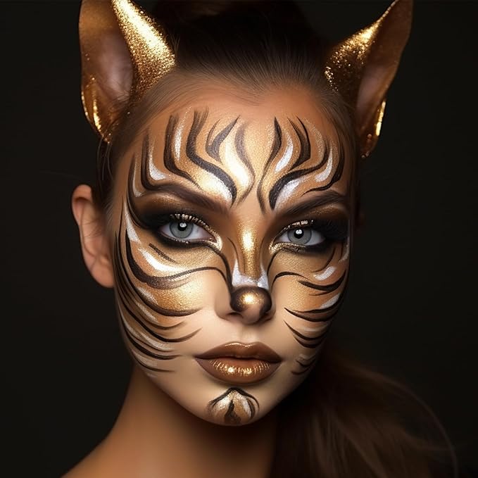 Black White Metallic Brown Face Paint+3PC Sponge+Brush Body Paint Set,Colored Eye Black for Baseball Softball Sport Games,Leopard,Cat Face Painting for Halloween,Cosplay,Costume,Theme Parties