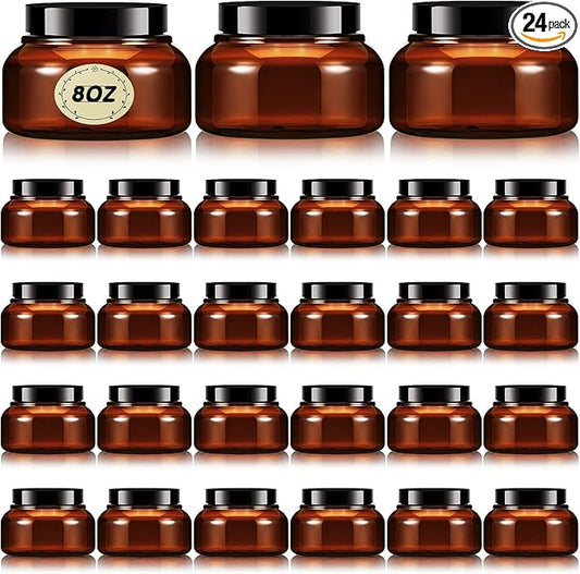 Tessco 24 Pack Plastic Jars with Lids Labels Empty Clear Plastic Jars Round Refillable Cosmetic Containers Body Butter Containers Bulk Sugar Scrub Bottle for Make Up(8 oz,Brown)