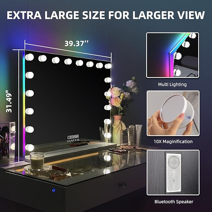 VANITII Hollywood Vanity Mirror with RGB Lights Tempered Glass Light Up Makeup Mirror with 18 Dimmable LED Bulbs 3 Color Lighting Modes Smart Touch 10X Magnification for Bedroom