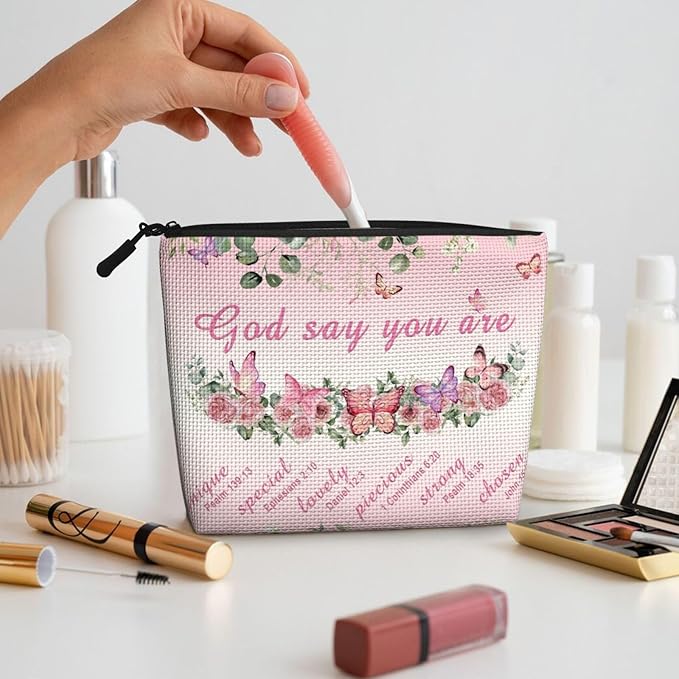 MOLAIGIN Prayers Religious Inspirational Positive Thoughts And Quotes Pink Rose Butterfly Cosmetic Bag For Women, Travel Makeup Bag, Toiletry Zipper Bag, Large Capacity Aesthetic Cases