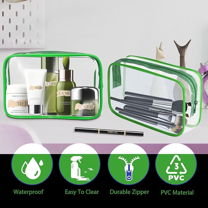 16 Pieces Clear Makeup Bag PVC Zippered Clear Toiletry Carry Pouch Portable Cosmetics Bag Waterproof Makeup Bag Vinyl Plastic Organizer Case for Travel Vacation Bathroom (Green-M)