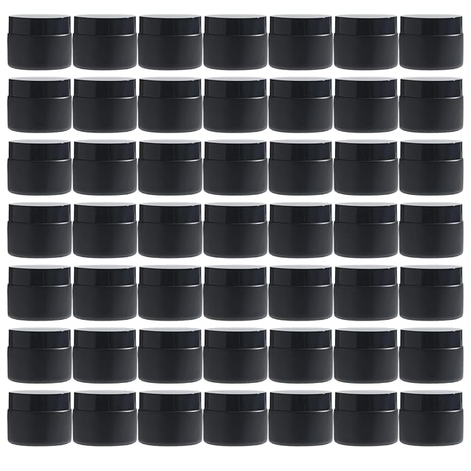 OverNews 48 1oz Black Glass Jar, Empty Cosmetic Lotion Containers,with Inner Liners,Black Lid, Spatula (Black）