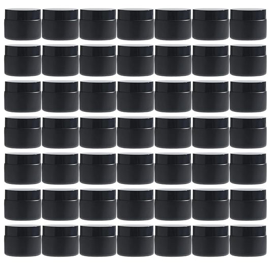 OverNews 48 1oz Black Glass Jar, Empty Cosmetic Lotion Containers,with Inner Liners,Black Lid, Spatula (Black）