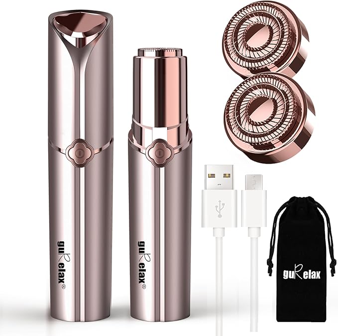 Facial Hair Removal for Women, Electric Painless Facial Hair Remover, Rechargeable Hair Removal Device for Face, Lip, Chin with 2 x Replacement Heads, Rose Gold