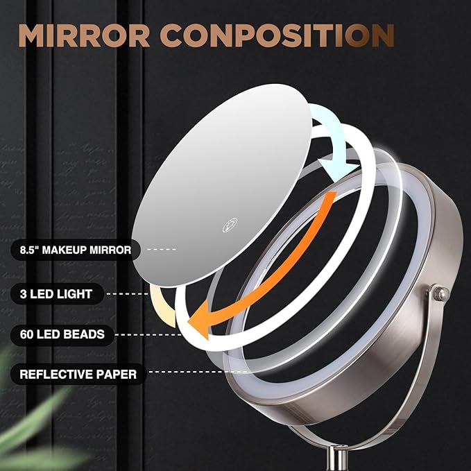 30X Wall Mounted Makeup Mirror with Lights,3 Color Modes Dimmable & Adjustable Double Side, Bathroom Vanity Makeup Mirror with 360 Rotation Extendable Swivel Arm,Magnifying Mirror - Brushed Nickel