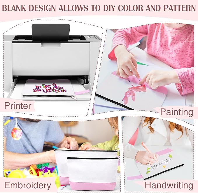 10 Pieces Cotton Canvas Makeup Bag with Bottom and Strap, Multi-Purpose Cosmetic Bag with Zipper Travel Toiletry Pouch, Blank DIY Craft Bag (White&Pink, XS)