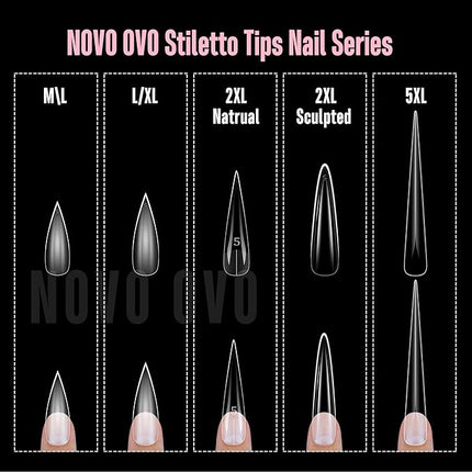 NOVO OVO Long XL Sharp Stiletto Pointed Nail Tips Press on, Extra Long Thick Soft Gel Double Matte Clear Fake Nail Extension, Full Cover False Nails for Acrylic, for Salon DIY x 16 Sizes 480 pcs