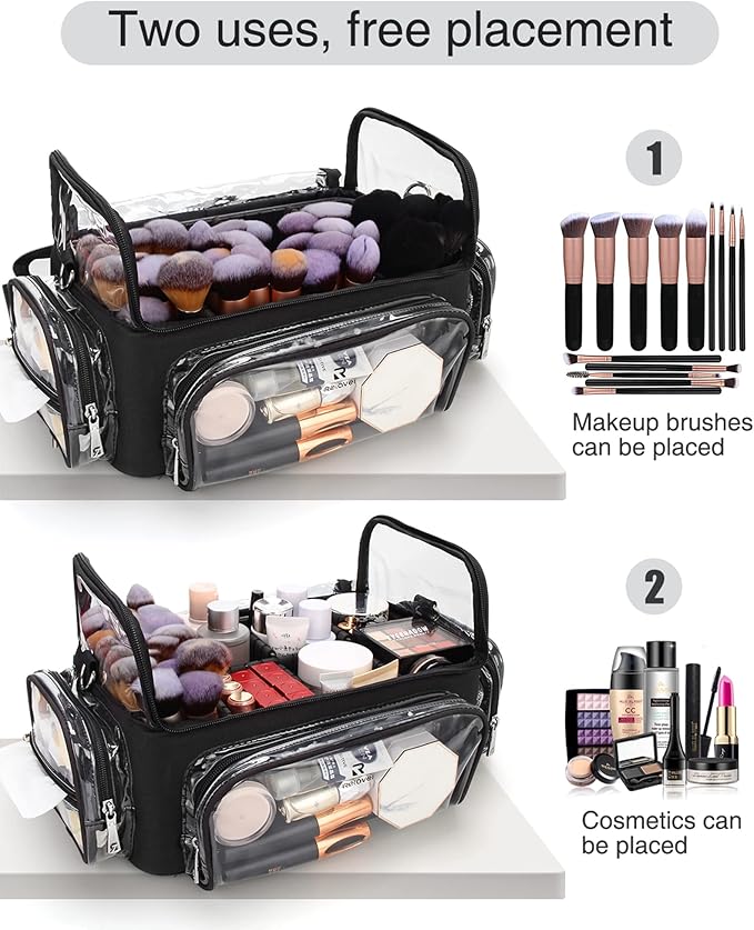 Makeup Brush Case, Extra Large Makeup Brush Bag XL Professional Makeup Artist Must Haves Travel Case with Stand Up Brush Slots Cosmetic Organizer Bag, Full Open Easy to Access, with Adjustable Strap