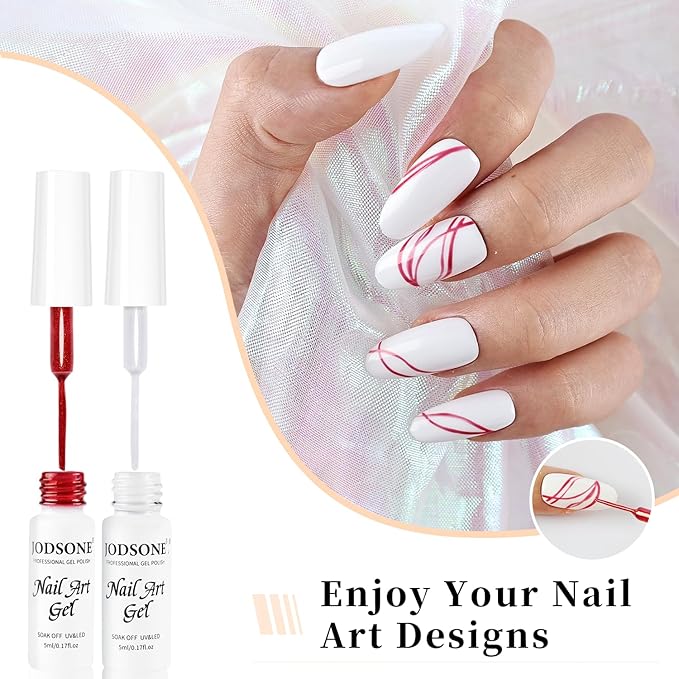 JODSONE Nail Art Gel Liner Set 10 Colors Glitter Red Black Pink Gel Nail polish Need U V Lamp Cured with Thin Brush at Home Salon Design