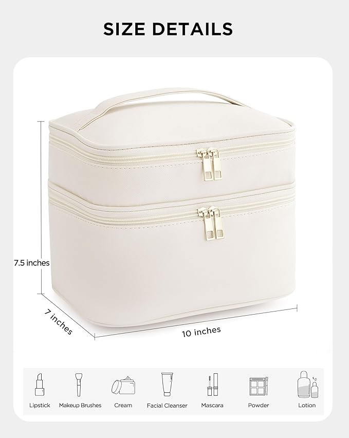 Makeup Bag for Women, X-Large Travel Makeup Bag Organizer, Portable Toiletry Bag, Cute Makeup Bags Waterproof Leather Cosmetic Bag Makeup Case with Removable Dividers, Beige