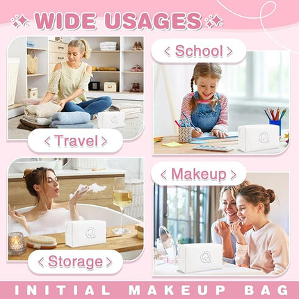 Bride Gifts – Personalized Initial Makeup Bag with Pearl Rhinestone Patch, Preppy White Monogram Cosmetic/Toiletry Pouch, bridesmaid Gifts, Bridal Shower Gifts, Wedding Gifts, Bridal Gifts,Q