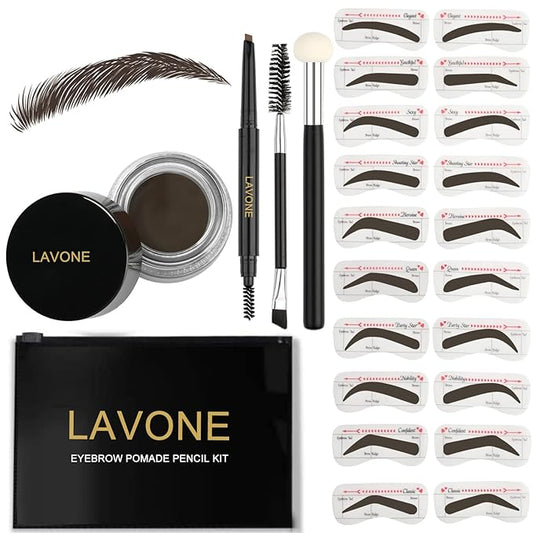 LAVONE Eyebrow Stamp Stencil Kit for Eyebrows, Brow Stamp Trio Kit with Waterproof Eyebrow Pencil, Eyebrow Pomade, 20 Eyebrow Stencils, Dual-ended Eyebrow Brush and Sponge Applicator - Medium Brown