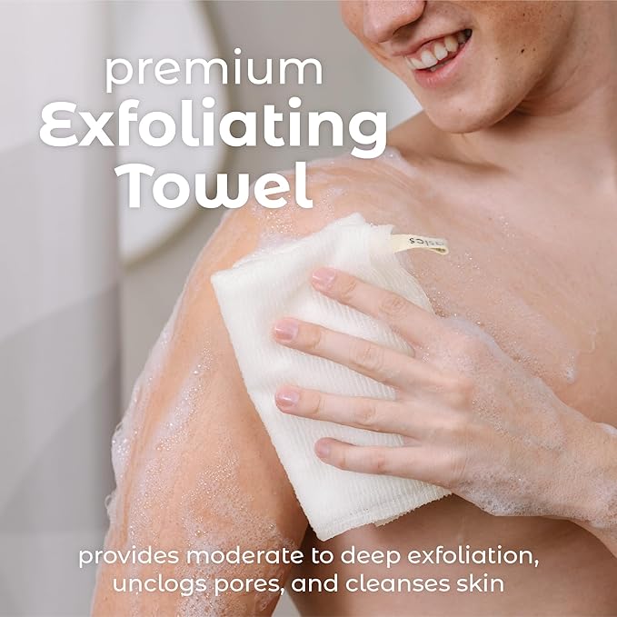 MainBasics Exfoliating Shower Towel - Japanese Nylon Bath Towel and Body Washcloth, Quick-Dry, Durable, Deep Exfoliation (Set of 3, Airy Blossom)