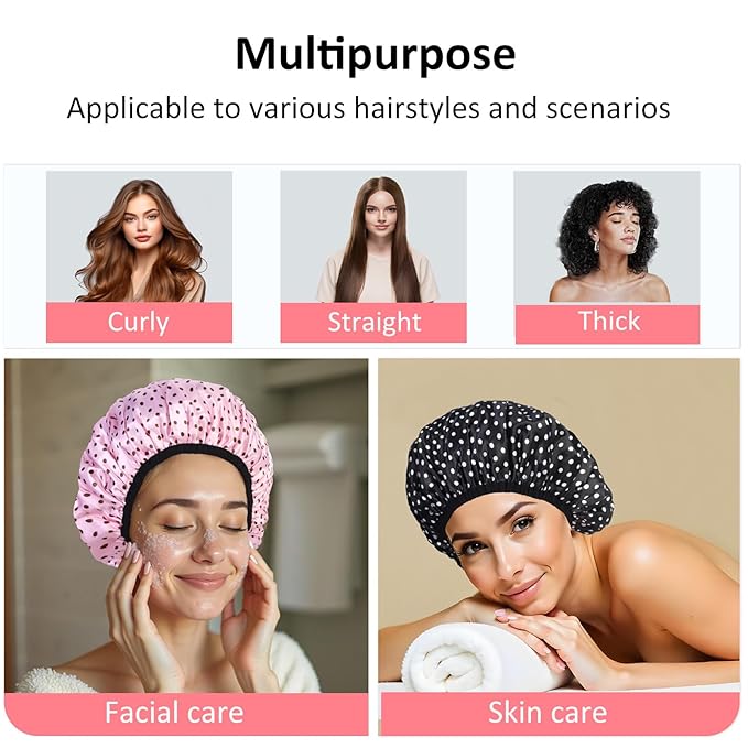 2-Pack Reusable Waterproof Shower Caps for Women, Double-Layer Elastic Bath hat,Extra Large Hair Cap for Long Curly Hair（Black, Pink）