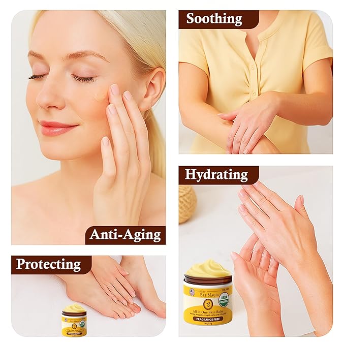Sweet Bee Magic All In One Healing Organic Balm - Natural Skin Healing Cream, Beeswax Balm for Dry Skin, Face & Body Moisturizer - Certified Organic, All Natural Aid - 2 Jars (2oz Each,4oz Total)