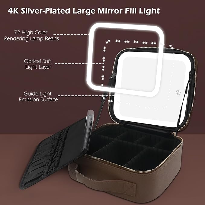 MOMIRA Travel Makeup Bag Cosmetic Bag Makeup Organizer Bag with Lighted Mirror, Adjustable Brightness in 3 Color Scenarios, Waterproof Makeup Train Case, Gift for Women - Brown