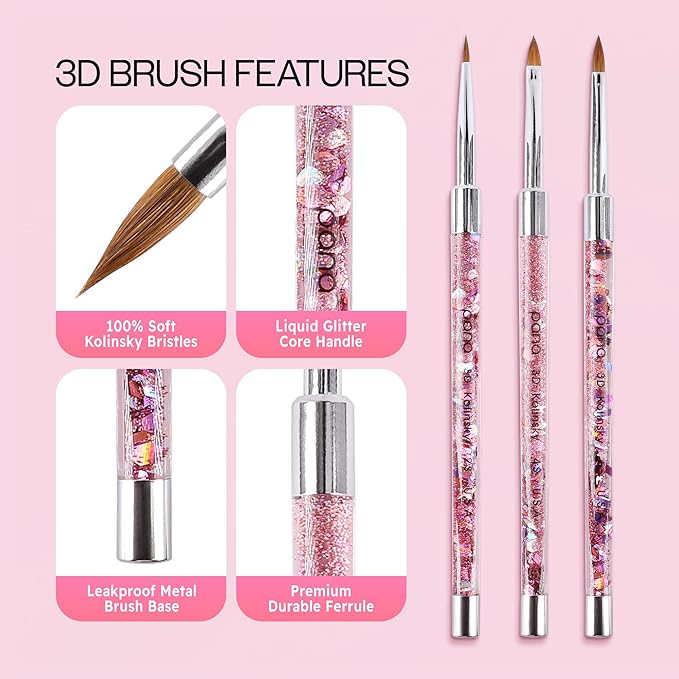 PANA 3D Kolinsky Nail Art Brush - Pink Glitter Handle, Size 2 - Acrylic Nail Art Sculpture Brush for Manicures Pedicure Salon Professional or Beginner