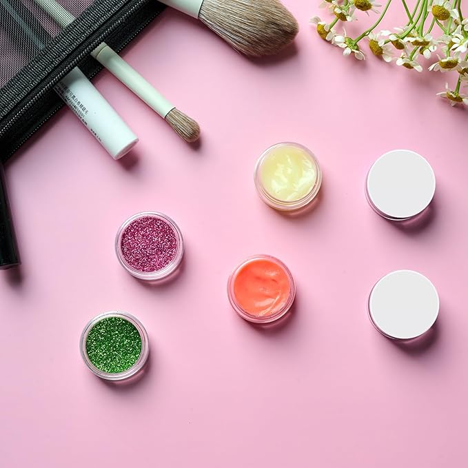 50 Pack 3 Gram Sample Containers with White Lids, Small Plastic Cosmetic Jars, Makeup Travel Container Jar for Cream, Bead, Eye Shadow, Lotions, Powders, Glitters Lip Gloss with Labels,Spatulas