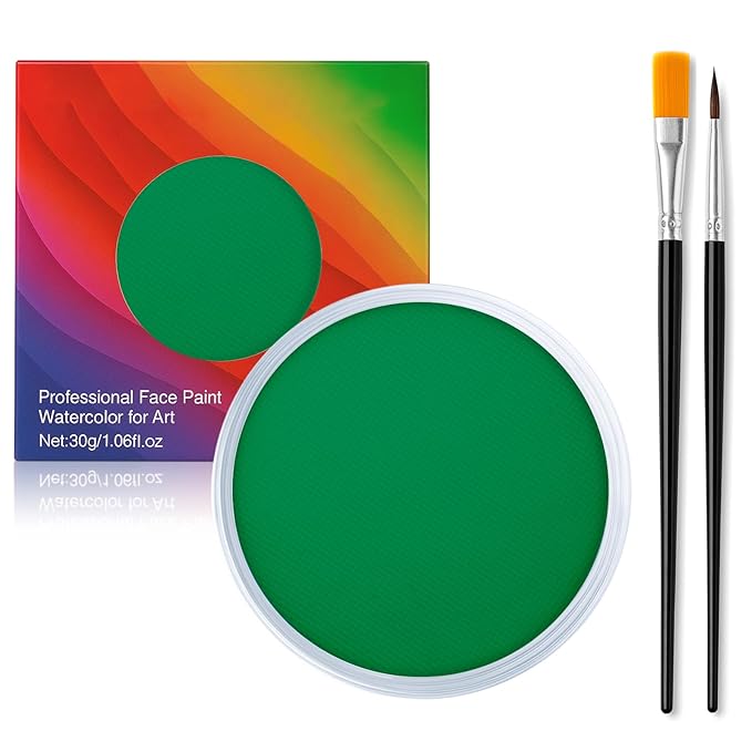 Green Face Body Paint Kit for Kids & Adults, Non-Toxic Water-Based Professional Face Painting Palette with Brushes for Halloween Clown Goth Vampire SFX Makeup, Art Stage Cosplay Parties