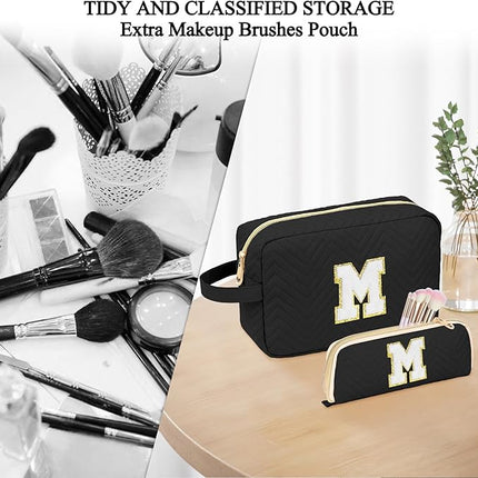 Personalized Initial Makeup Bag Waterproof Leather Cosmetic Bag Travel Toiletry Bag, Valentine’s Day Gift Makeup Organizer Case & Makeup Pouch for Women Teen Girls Mom Girlfriend Wife
