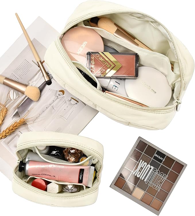 oscaurt 2 Pcs Makeup Bag Travel Toiletry Bag for Women Puffy Padded Cosmetic Pouch Purse Wide-open Makeup Organizer Case Travel Essentials