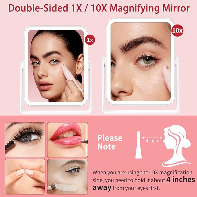 DESCHEN Rechargeable Travel Lighted Makeup Vanity Mirror with Lights and Magnification, Portable 10X/1X Magnifying Led Desk Mirror Makeup with 3 Color Light