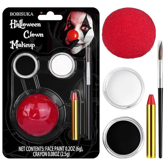 Halloween Joker Clown Makeup Kit, Black White Face Body Paint + Red Nose, SFX Makeup Set for Teens and Adults Art Costume