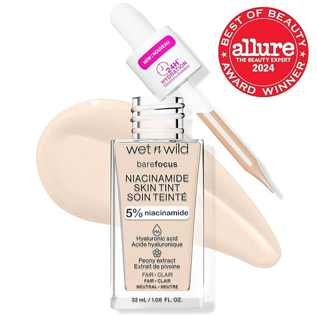 wet n wild Bare Focus Skin Tint, 5% Niacinamide Enriched, Buildable Sheer Lightweight Coverage, Natural Radiant Finish, Hyaluronic & Vitamin Hydration Boost, Cruelty-Free & Vegan - Fair (Pack of 2)
