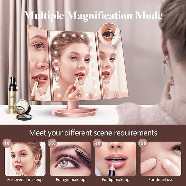 HUONUL Makeup Mirror, Vanity Mirror with Lights, 2X/3X/10X Magnification, Touch Control, Trifold, Dual Power Supply, Valentines Day Gifts for Her,Gifts for Women, Wife, Mom, Girls,Dorm Room Essentials