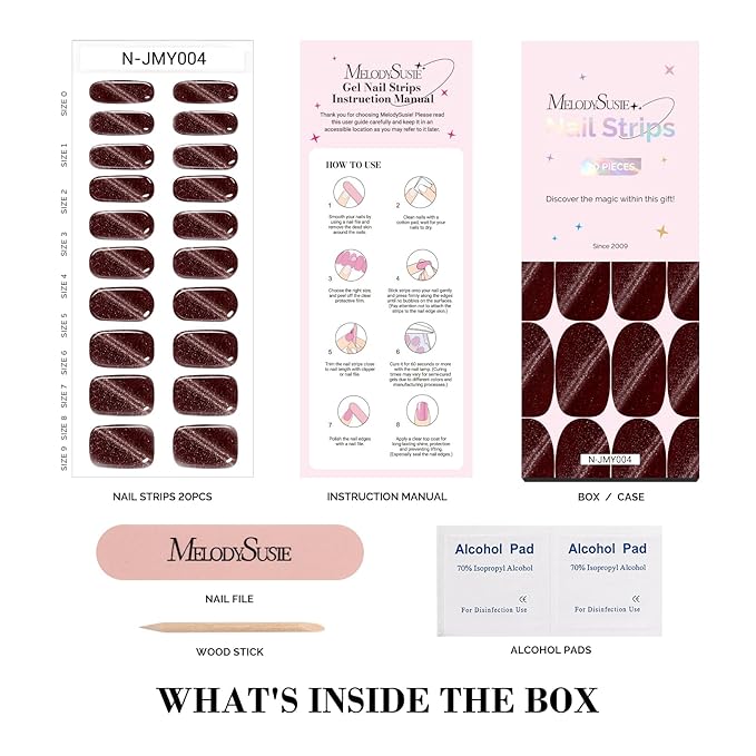 MelodySusie Semi Cured Gel Nail Strips (Wine Red Cat Eye)- Works with Nail lamp, Salon-Quality, Long Lasting, Easy to Apply & Remove - Includes 20Pcs, 2 Prep Pads, Nail File & Wooden Stick