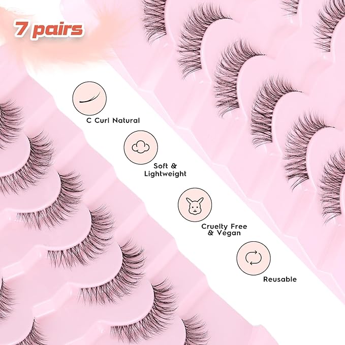 Lashes Natural Look False Eyelashes Wispy 13mm Eye Lashes Pack with Thin Cotton Band C Curl Fake Eyelashes 3D Volume For Daily Siligli Lash 7 Pair