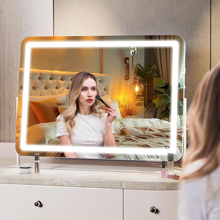 Hasipu Extra Large LED Vanity Mirror 30"x21" - Light up Makeup Mirror with 10X Magnification, Phone Holder, USB Charging & Smart Touch 3-Color Lighting (White)