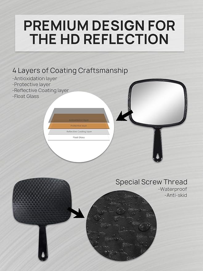 OMIRO Hand Mirror, All Black Handheld Mirror with Handle, 6.6" W x 9.3" L, Pack of 3