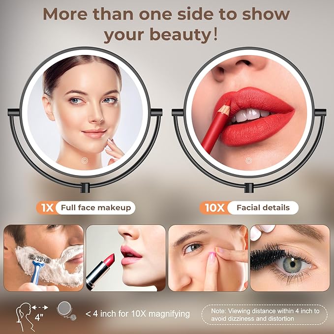 Rocollos 9" Plug-in Wall Mounted Lighted Makeup Mirror 1X/10X Magnification, Super Large Double Sided LED Vanity Mirror for Bathroom (Black)