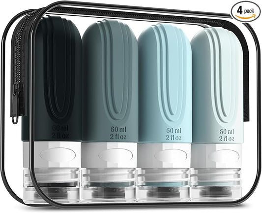Travel Bottles for Toiletries, Tsa Approved 2oz Travel size Bottles, BPA Free Leak Proof Travels Toiletry Containers, Traveler Accessories with Toiletry Bag for Shampoo Liquid (4 Pack)