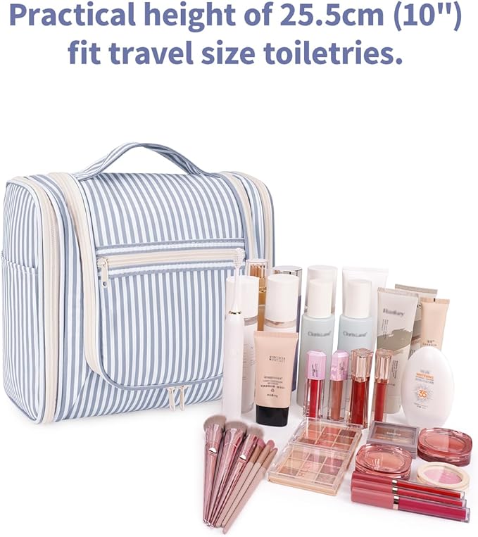 Narwey Striped Hanging Travel Toiletry Bag for Women, Travel Bag for Toiletries, Makeup Bag Organizer Cosmetic Bags Make Up Bags for Women (Greyish Blue Stripe)