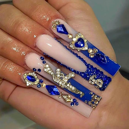 RUOKEXIN Long Square Press on Nails French Tip Fake Nails Blue False Nails with Gold Charms Designs Sparkly Artificial Nails Long Square Glue on Nails Cute Stick on Nails for Women 24Pcs