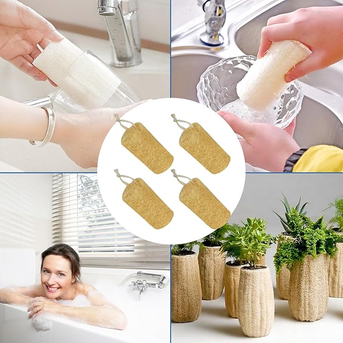Natural Loofah Sponge (4 Packs), 6“ Natural Loofah Exfoliating Body Scrubber Egyptian Loofa Eco 100% All Natural luffa Cleaning for Men Women Deep Clean Skin