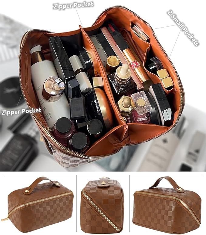 Checkered Travel Makeup Bags Cosmetic Organizer Bag: 2-Set Large Capacity Waterproof Makeup Bag - PU Leather Toiletry Bag for Women - Wide Open Portable Pouch with Handle and Divider (BROWN)