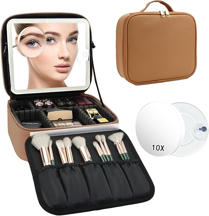 Travel Makeup Bag with LED Mirror and 10x magnifying glass with 3 Lighted Settings, Adjustable Dividers and Makeup Brush Storage Bag Brown